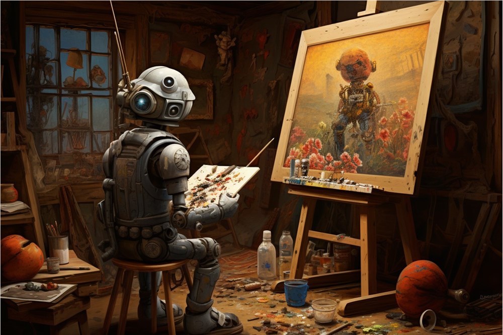 AI机器人画家画画 (图片来源:AI合成) AI机器人画家画画